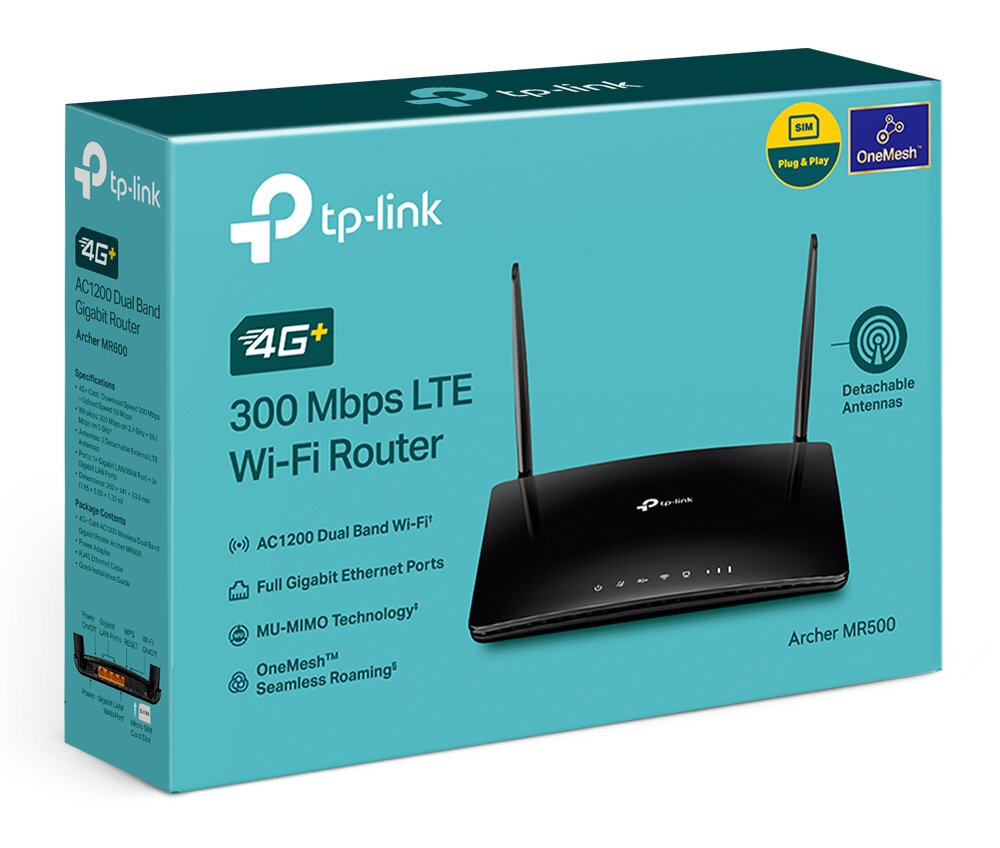 Czarny router z dwiema antenami. Pudełko pokazuje produkt i jego cechy.