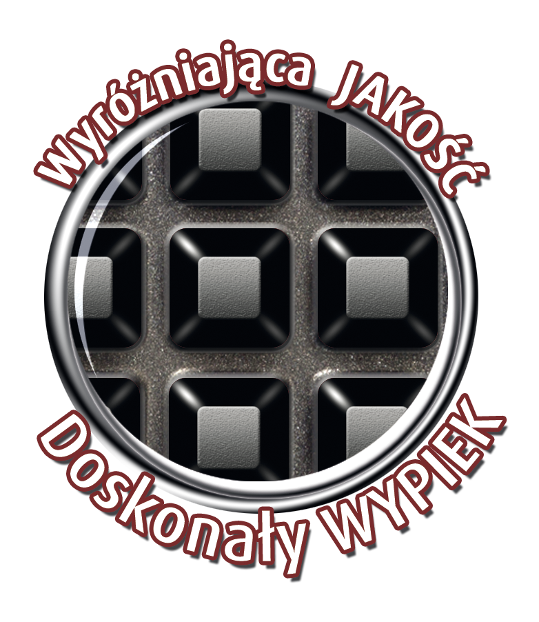 Zbliżenie płyty do gofrów z tekstem 'Wyrozniajaca Jakosc'.