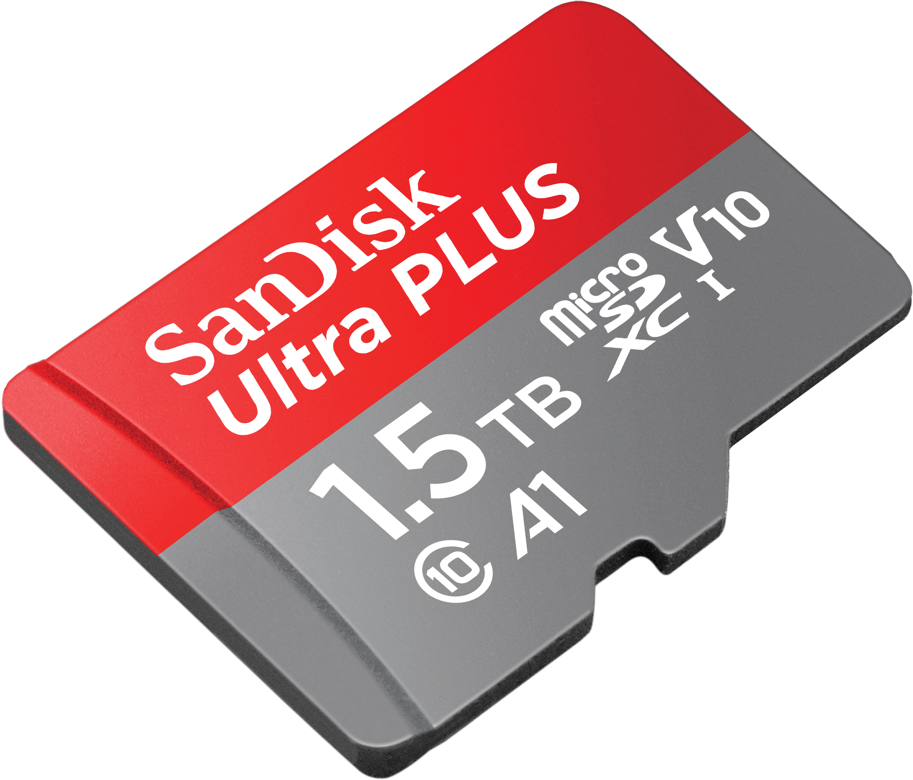 Eine rot-graue SanDisk Ultra PLUS 1,5 TB microSD-Karte mit Text und weißem Hintergrund.