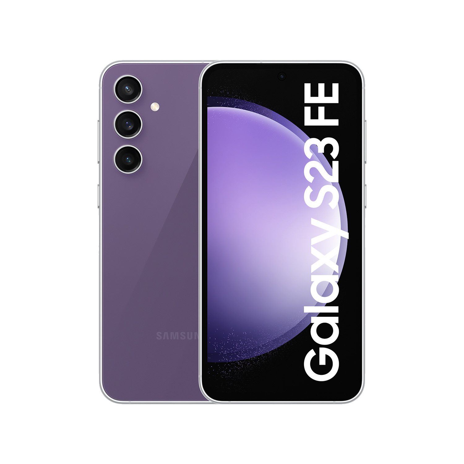 Teléfono Samsung Galaxy S23 FE. Parte trasera morada, tres cámaras. Pantalla muestra diseño morado y blanco.