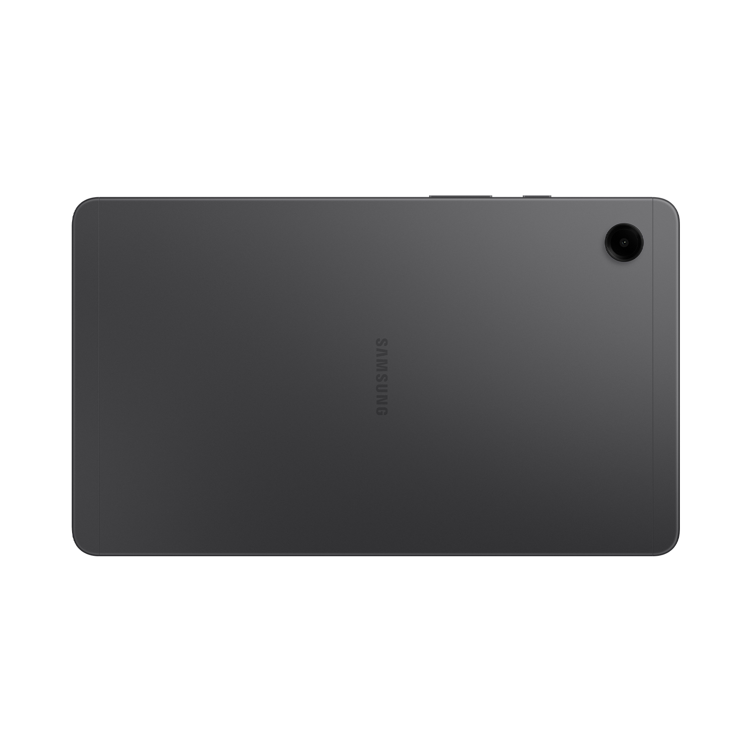 Vista trasera de una tableta Samsung gris con lente de cámara.