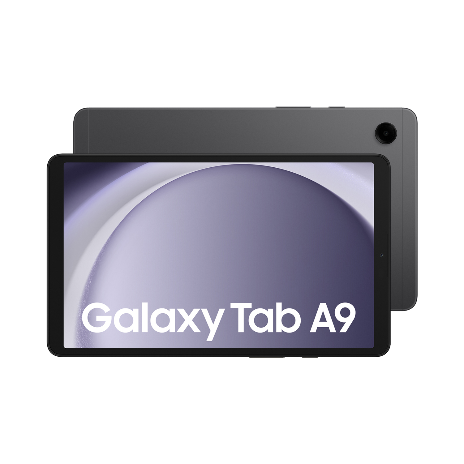 Tablet Samsung Galaxy Tab A9 gris, vista frontal y trasera, sobre fondo negro.
