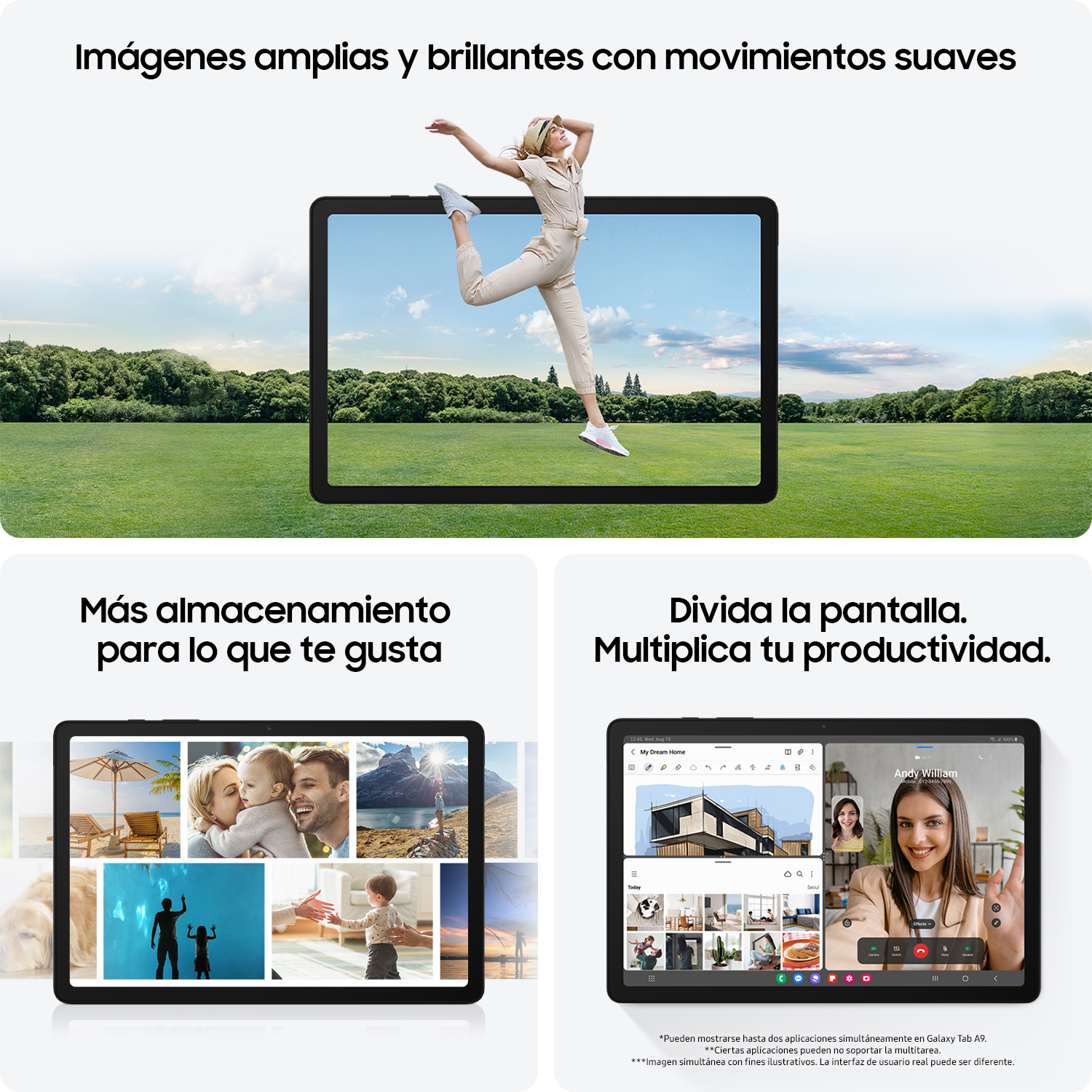 Tableta Samsung con mujer saltando, mostrando funciones.