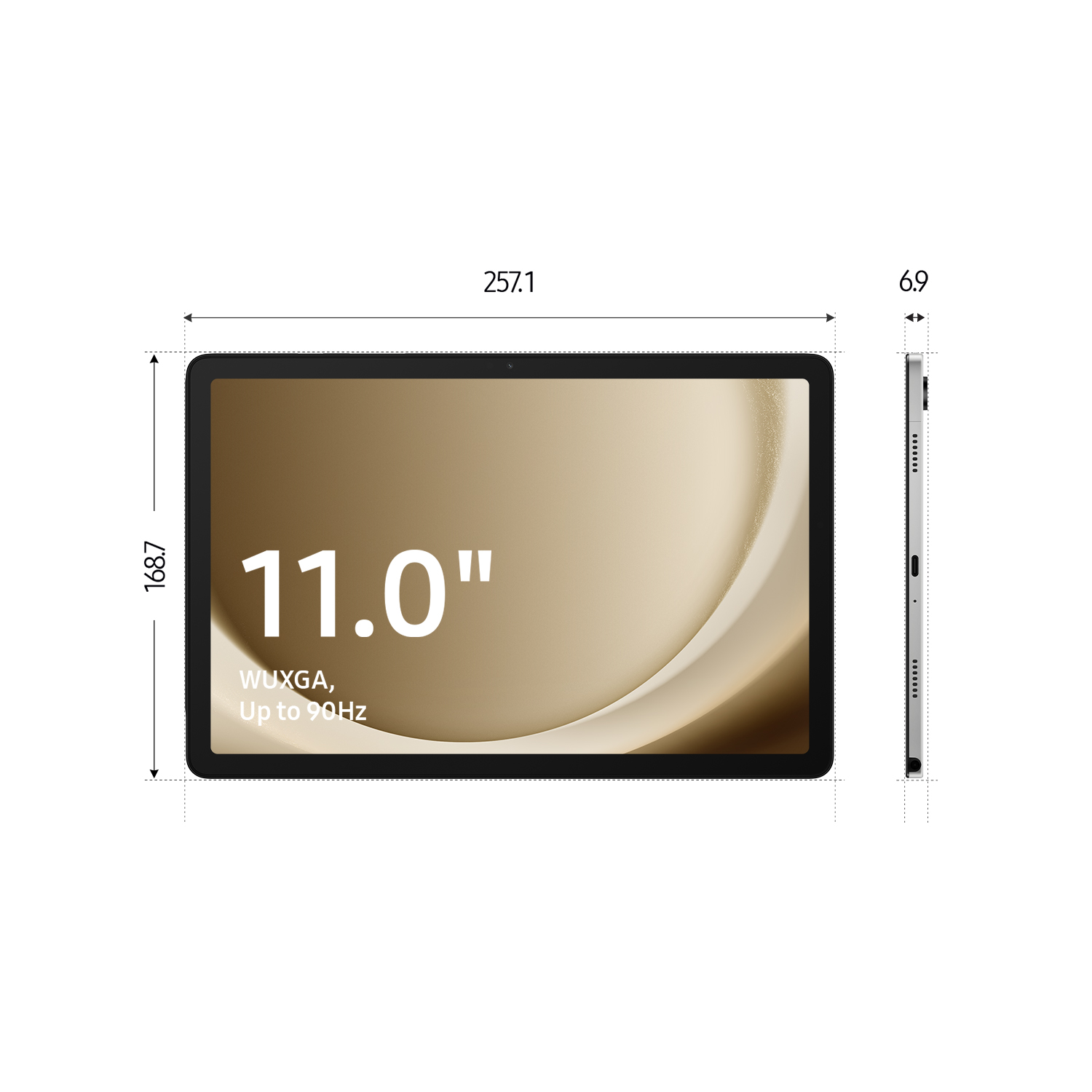 Una tableta con dimensiones etiquetadas. La pantalla muestra texto en blanco sobre fondo dorado.
