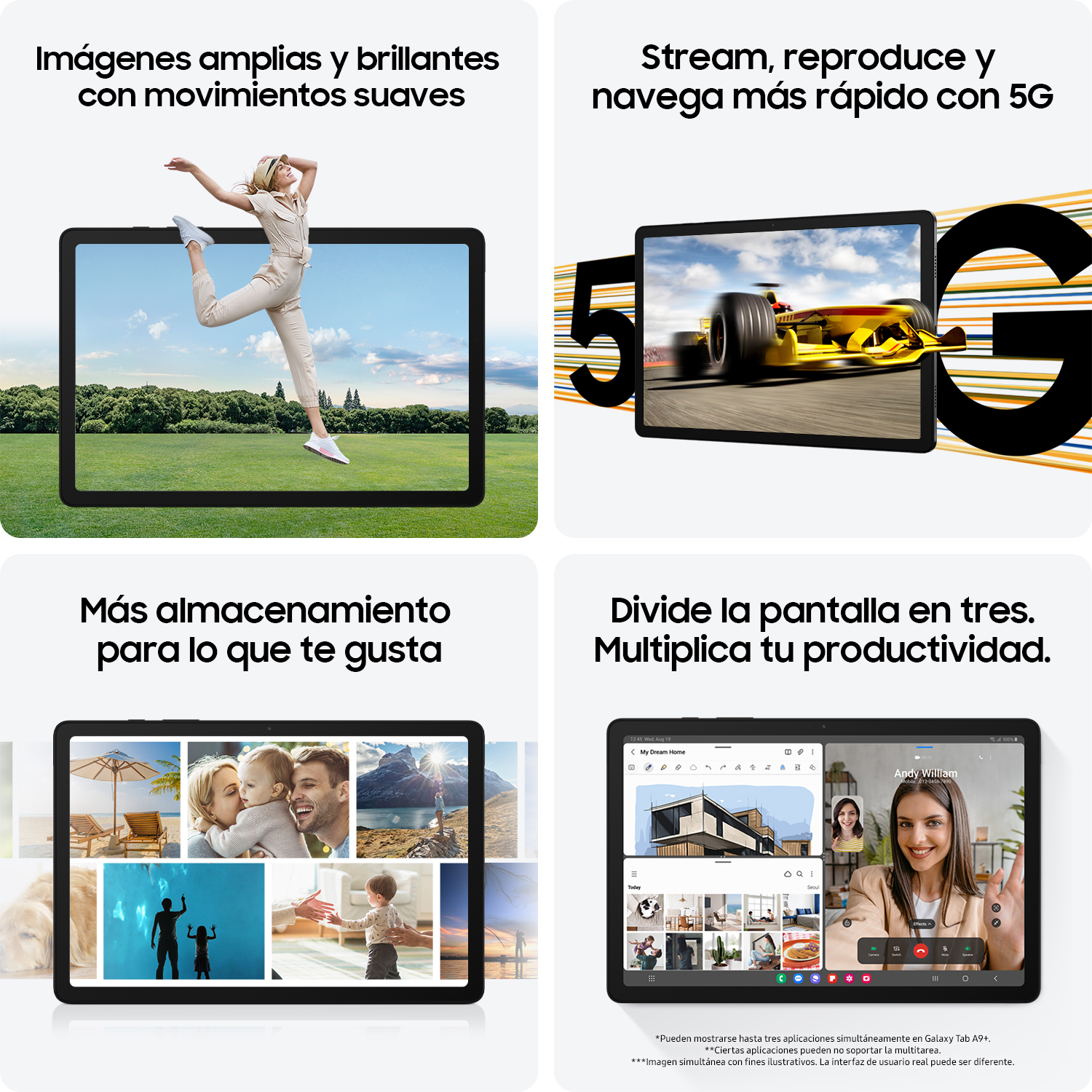 Una pantalla de tableta muestra imágenes de una mujer saltando, una carrera de autos, familias y una pantalla dividida.