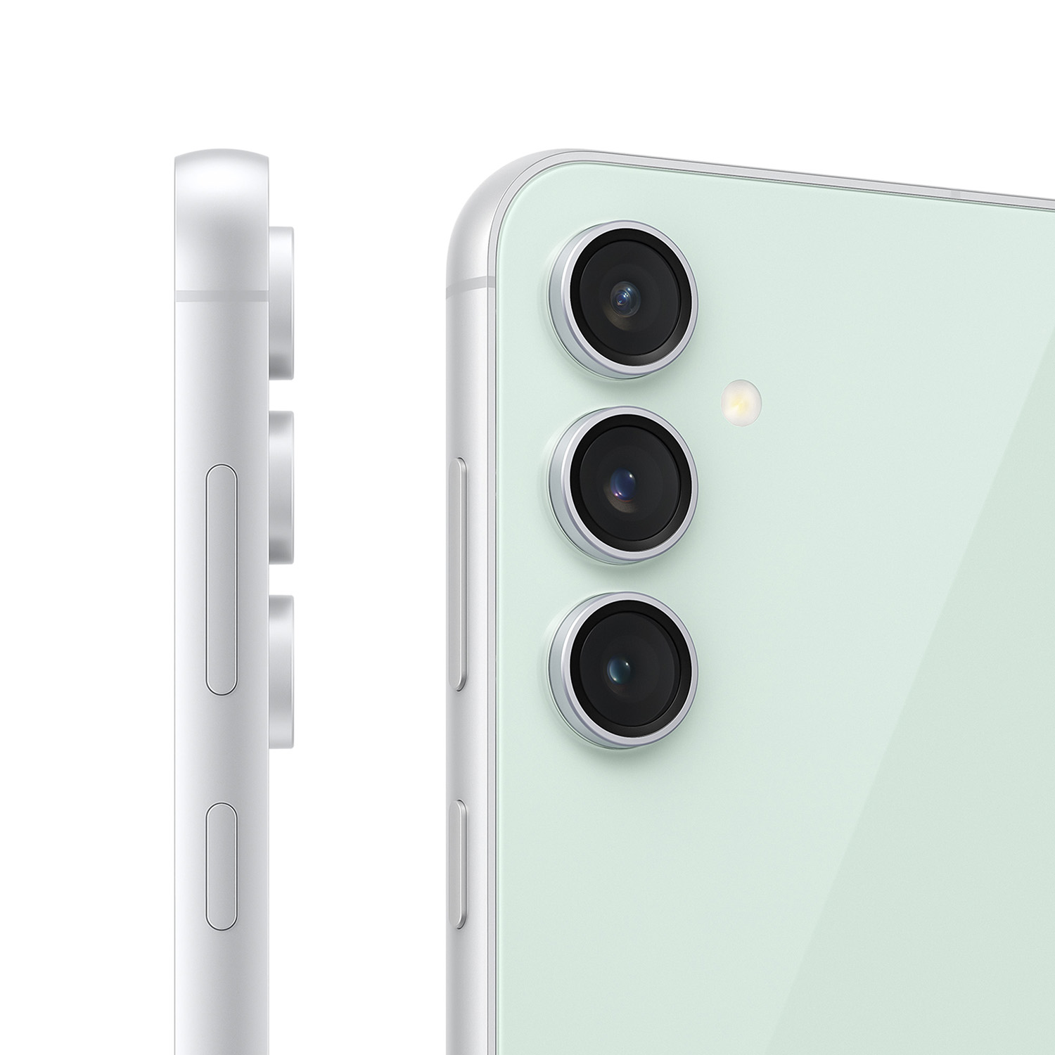 Primer plano de un teléfono verde menta. La matriz de la cámara es visible. La vista lateral muestra los botones de volumen.