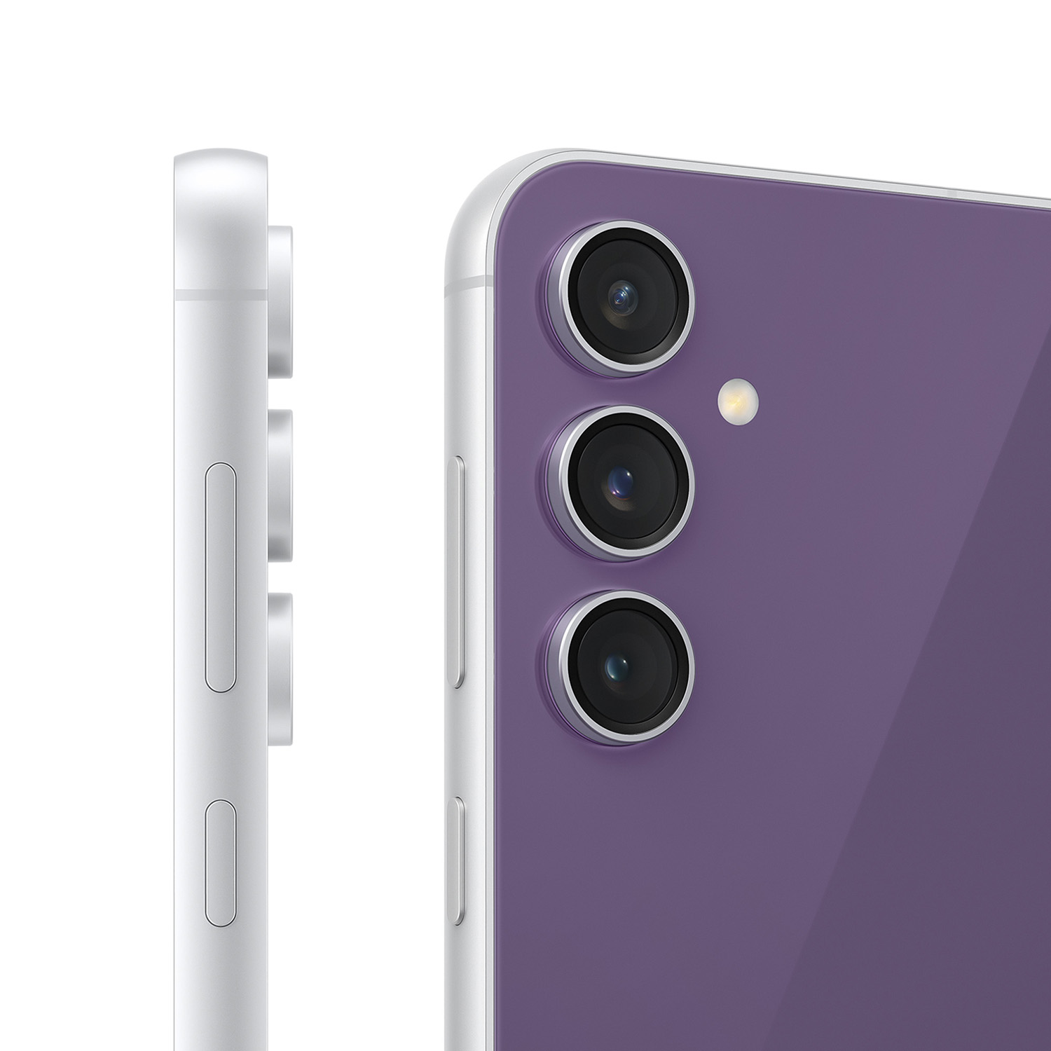 Primer plano de un teléfono morado con laterales plateados y tres lentes de cámara en la parte trasera.