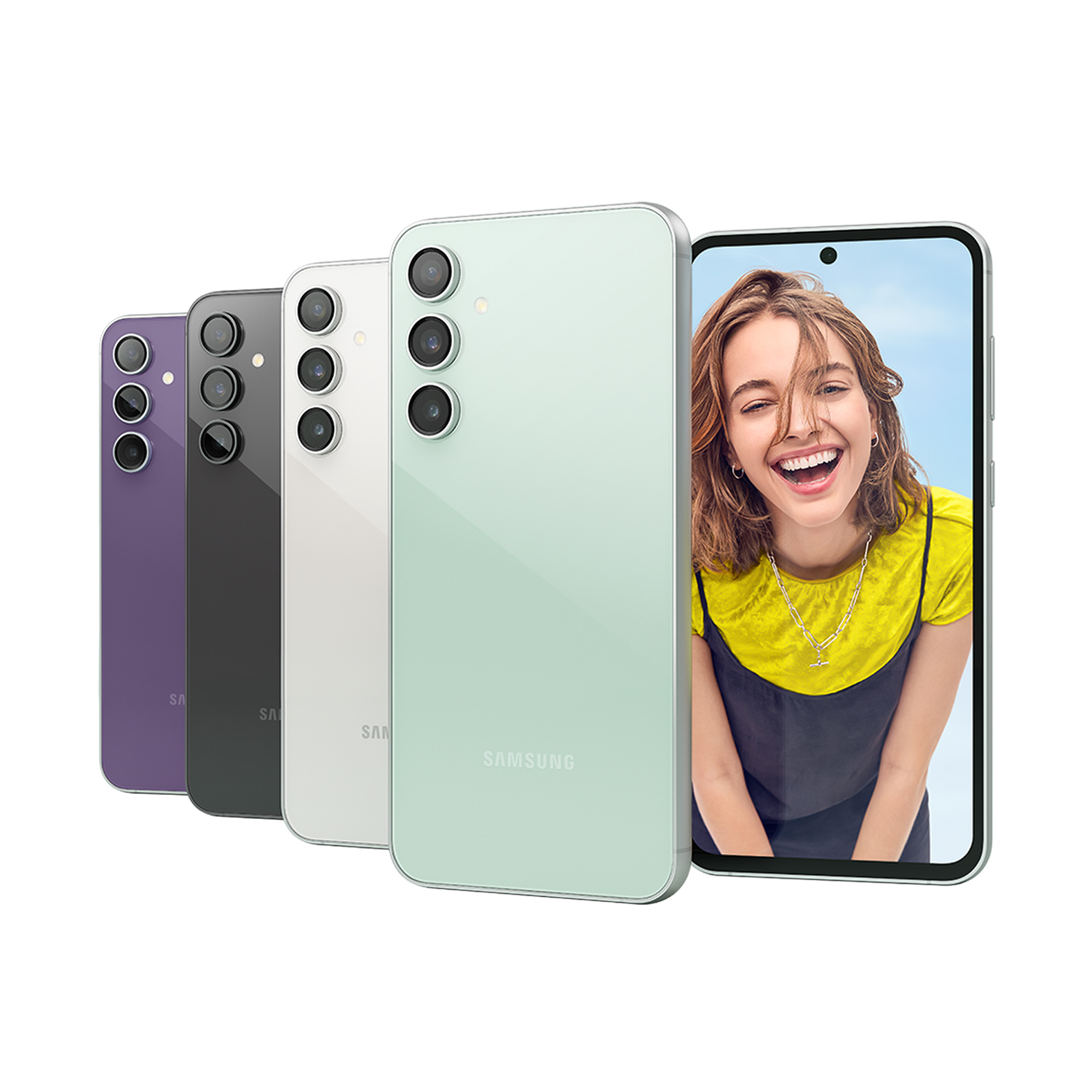 Cuatro teléfonos en varios colores, uno con la cara de una mujer en la pantalla.