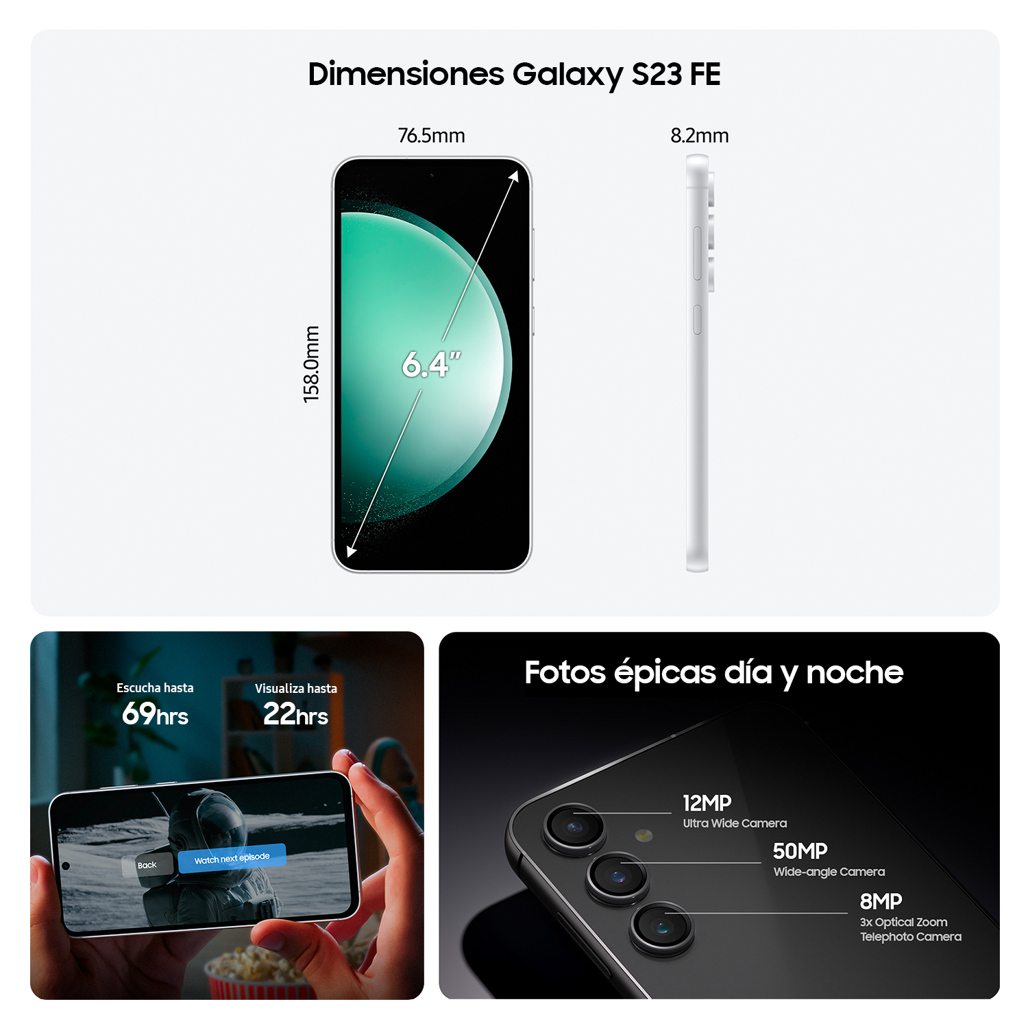 Una imagen muestra un Galaxy S23 FE blanco con dimensiones. También, una mano sosteniendo un teléfono.