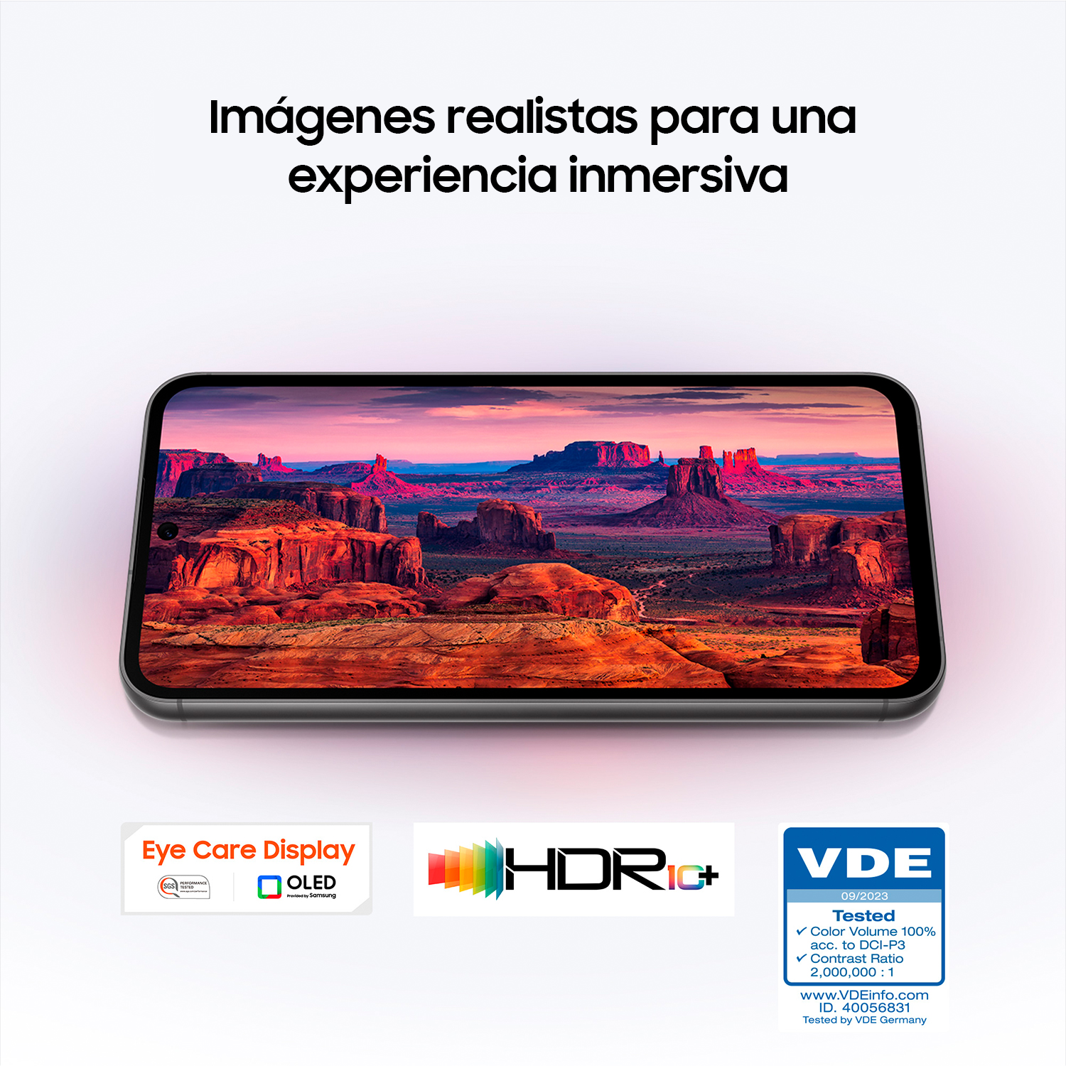Un teléfono que muestra una imagen de paisaje. Texto sobre experiencia inmersiva.