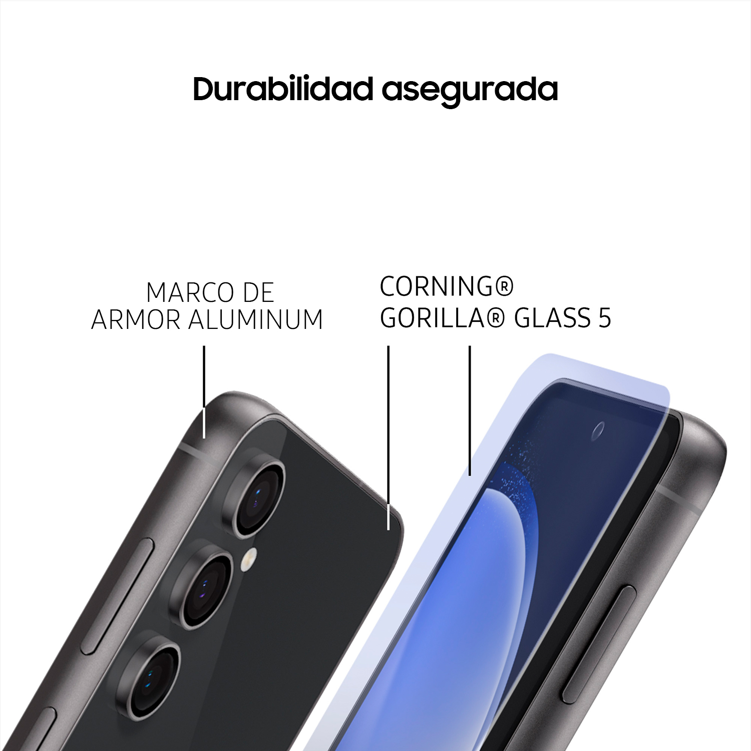 Primer plano de la parte trasera de un teléfono con cámara y cristal protector.