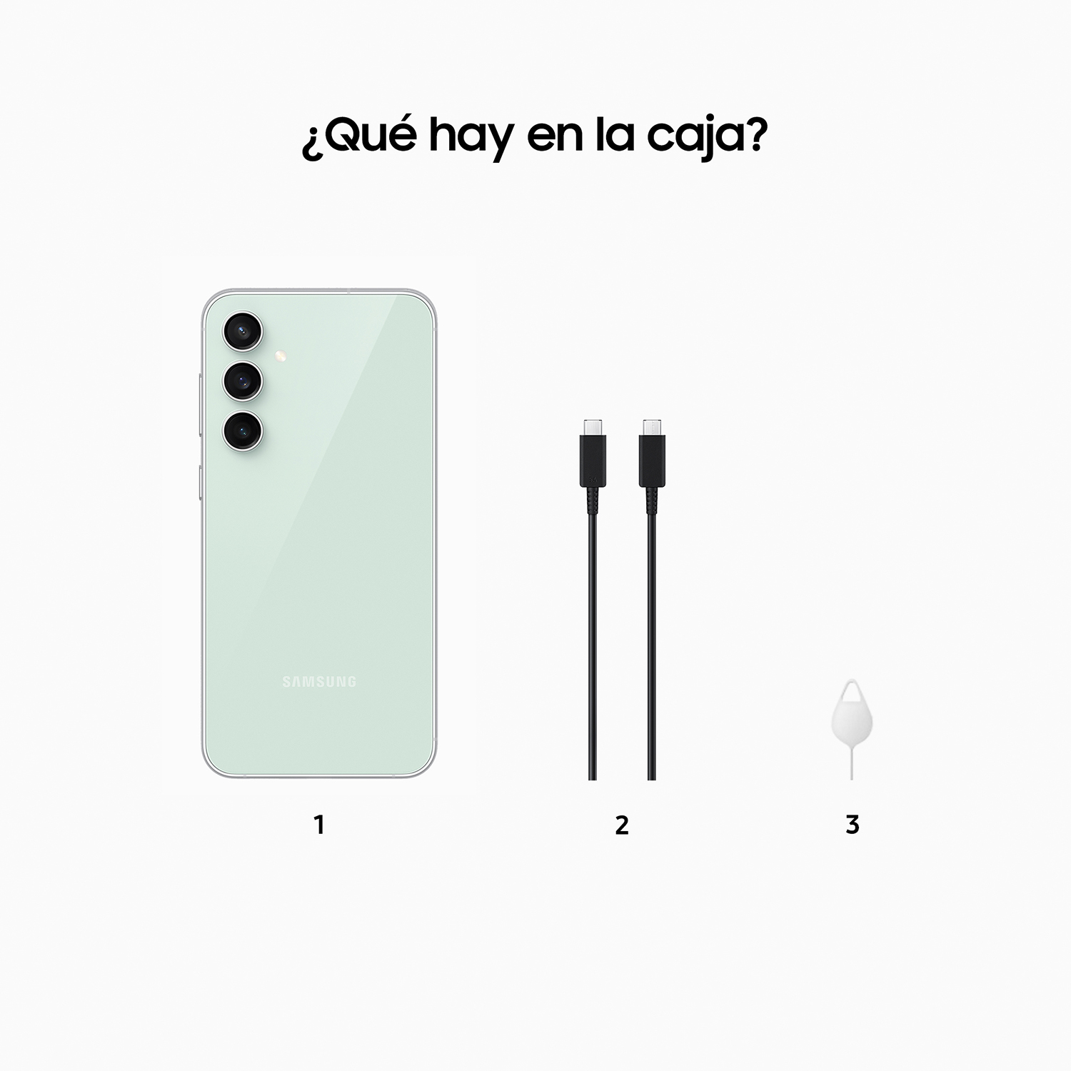 Contenido de la caja de un teléfono Samsung: teléfono, dos cables y una herramienta de expulsión de SIM.