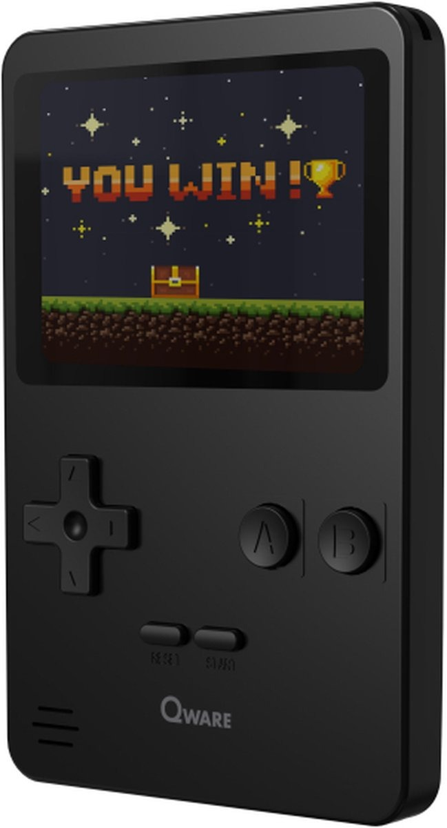 Une console de jeu portable noire affichant un écran de jeu avec le texte 'YOU WIN!'.