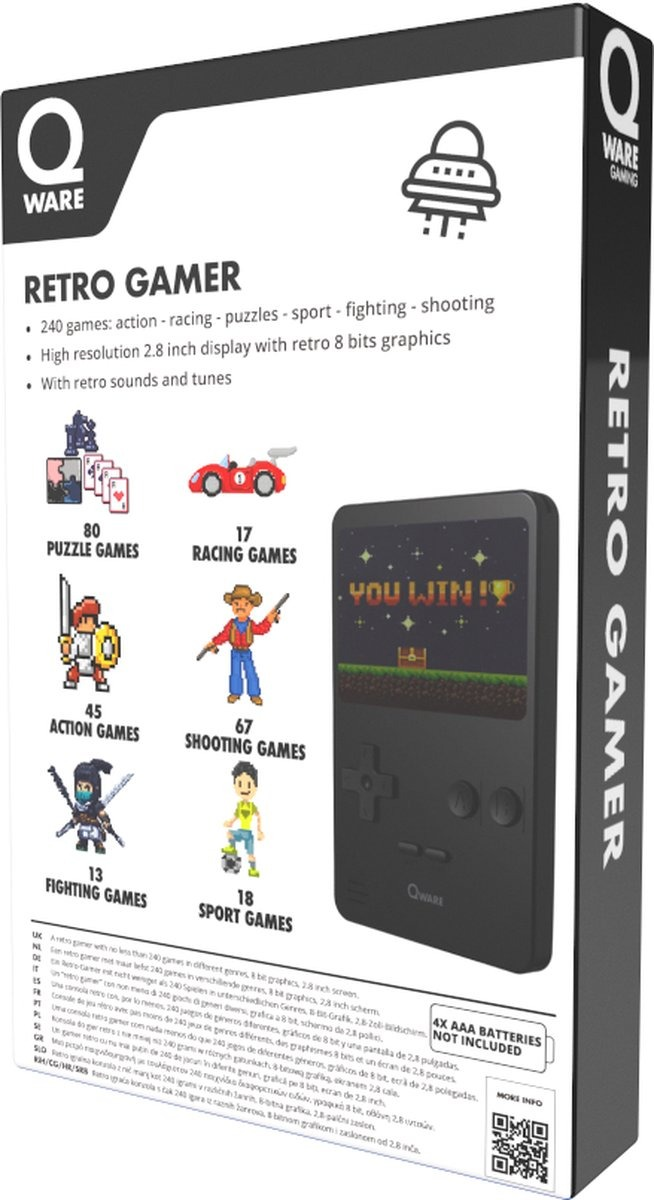 L'arrière d'un appareil de jeu rétro portable. La boîte montre divers jeux, avec du texte dans plusieurs langues.