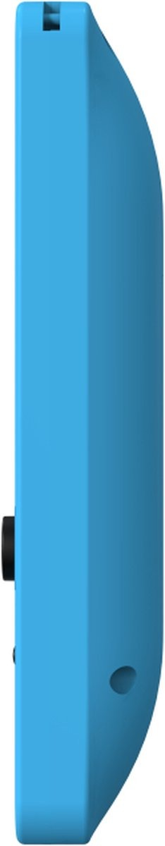 Blauw apparaat, zijaanzicht. Toont de kromming en een knop. Witte achtergrond.
