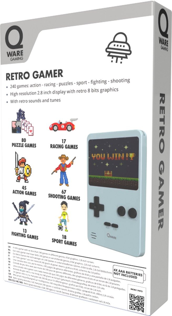 Boîte d'une console de jeu rétro. Contient 240 jeux, écran de 2,8 pouces et graphismes rétro.