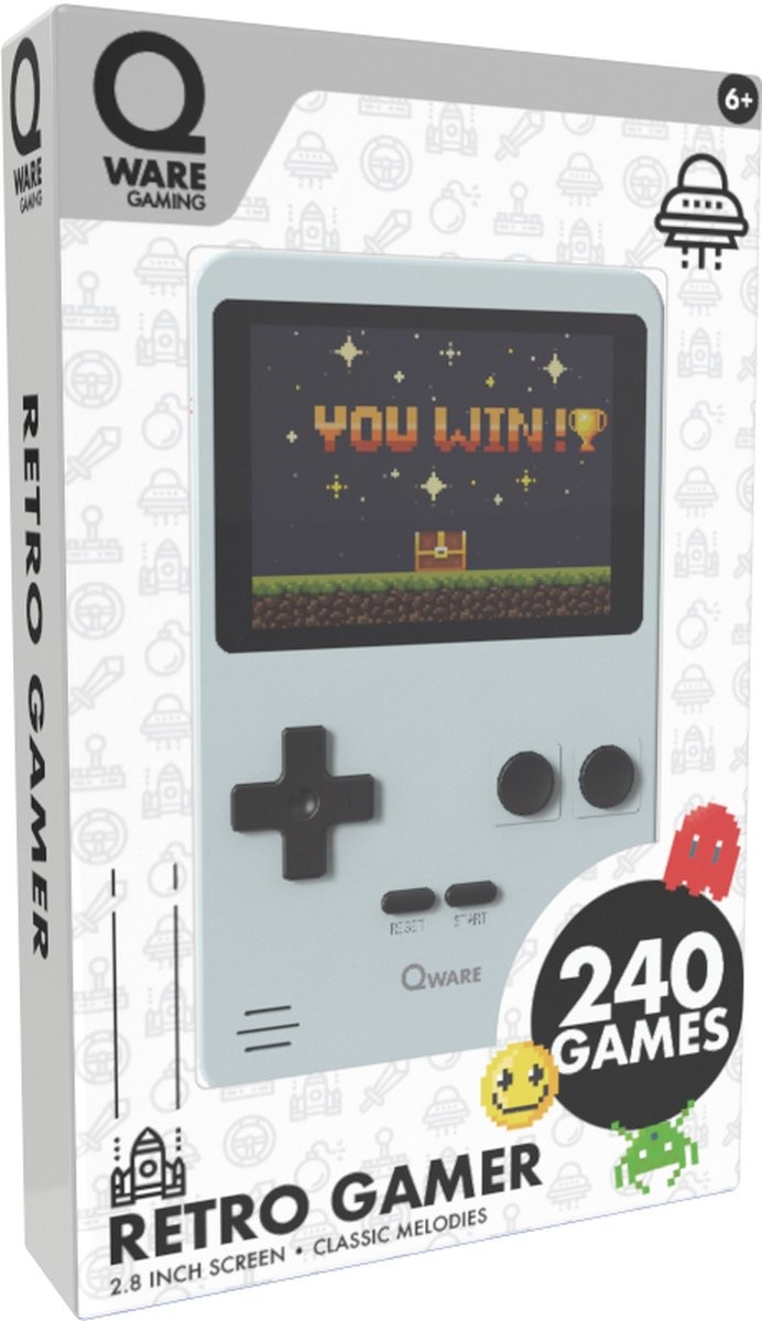 Une console de jeu portable rétro avec un écran affichant le message 'You Win !', dans une boîte.