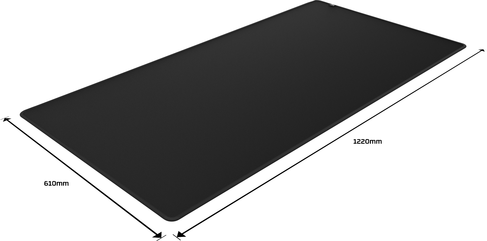 Alfombrilla de ratón rectangular negra con dimensiones de 610mm x 1220mm.