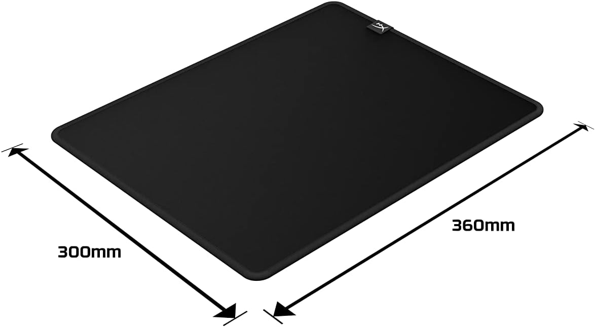 Alfombrilla de ratón rectangular negra con dimensiones etiquetadas, fondo blanco.