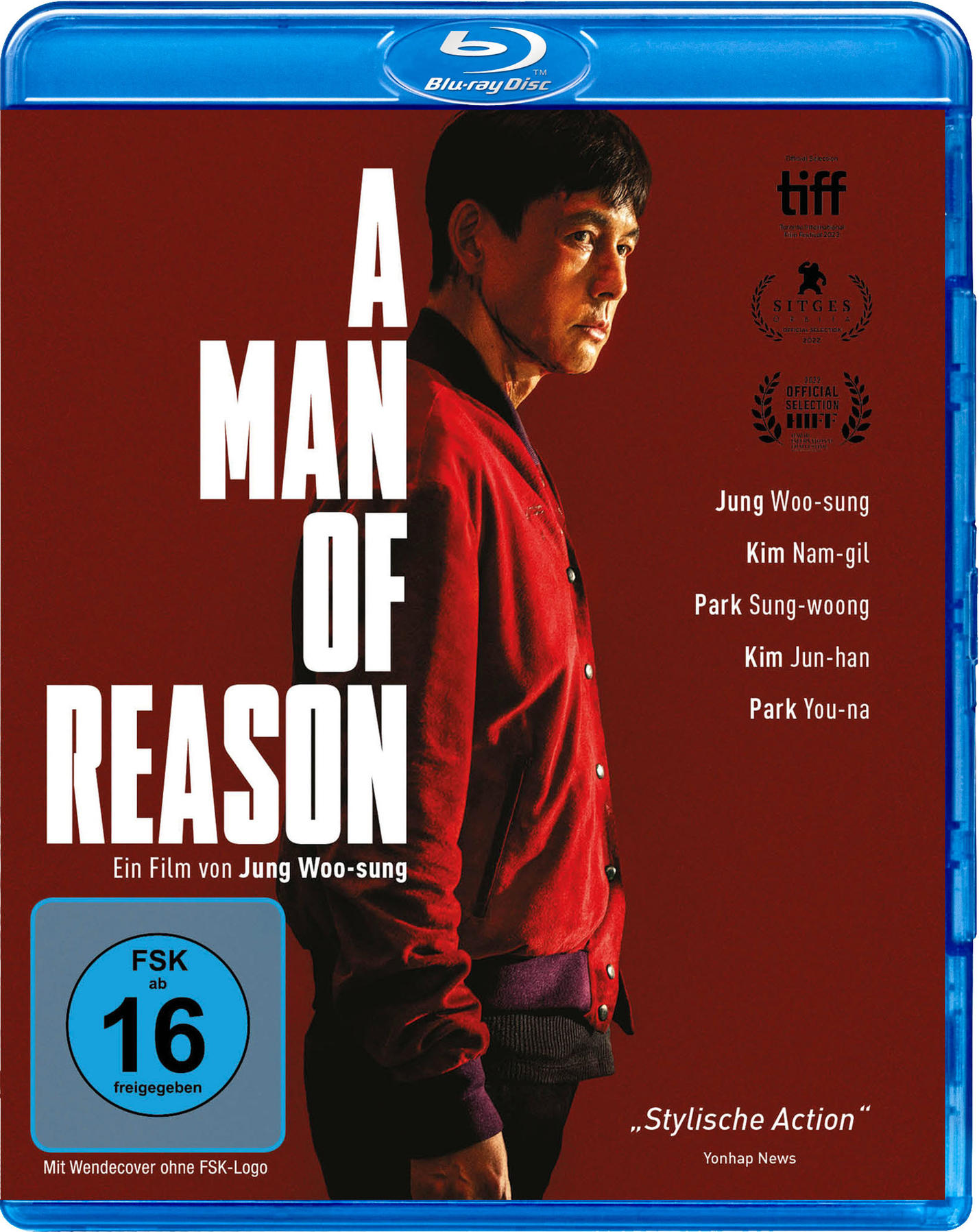 Blu-ray-Cover für 'A Man of Reason'. Ein Mann in roter Jacke ist der Hauptfokus.