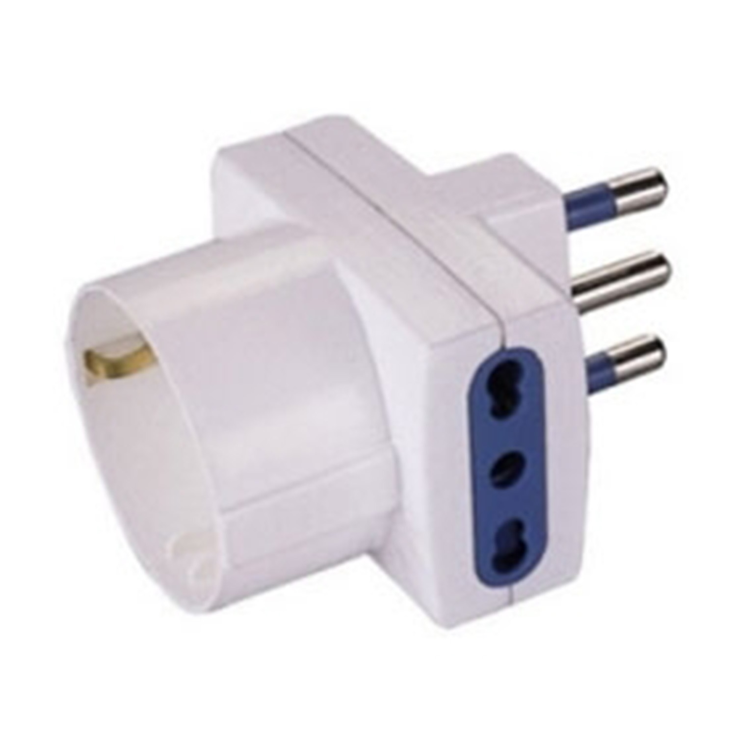 Adattatore elettrico bianco con tre spine e tre fori blu. Sfondo bianco.