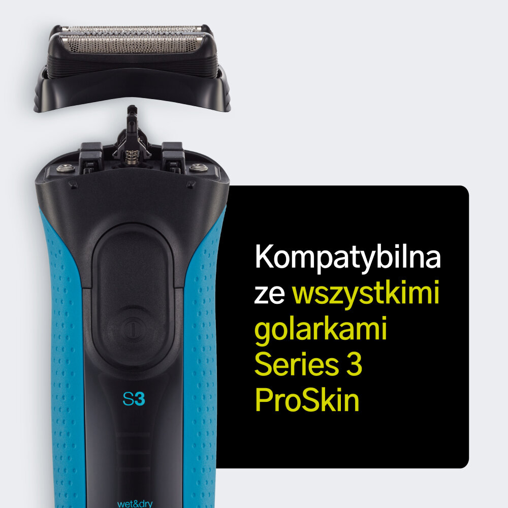 Otwarta czarno-niebieska golarka elektryczna z wymienną głowicą. Obecne jest pole tekstowe z tekstem.