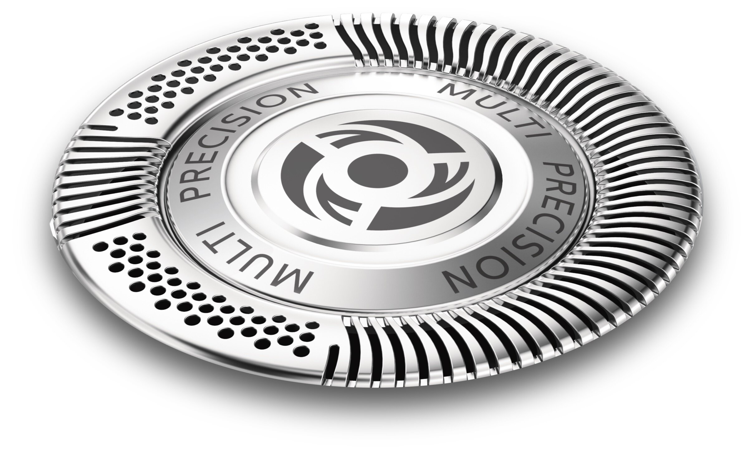 Głowica do golenia Multi Precision, srebrna, z nazwą marki na pierścieniu.