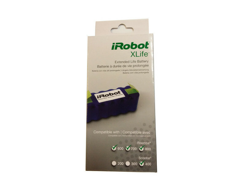 Opakowanie baterii iRobot XLife. Ciemnoniebieska bateria z zielonymi akcentami.
