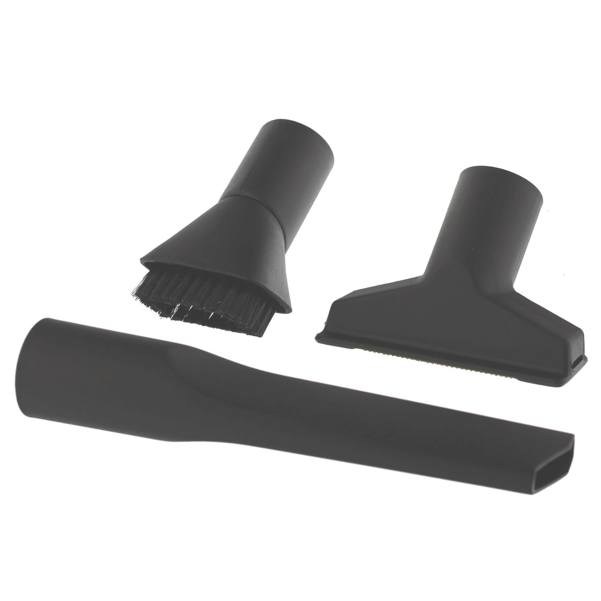 Czarne akcesoria do odkurzacza: szczotka, szeroka dysza i wąska końcówka szczelinowa.