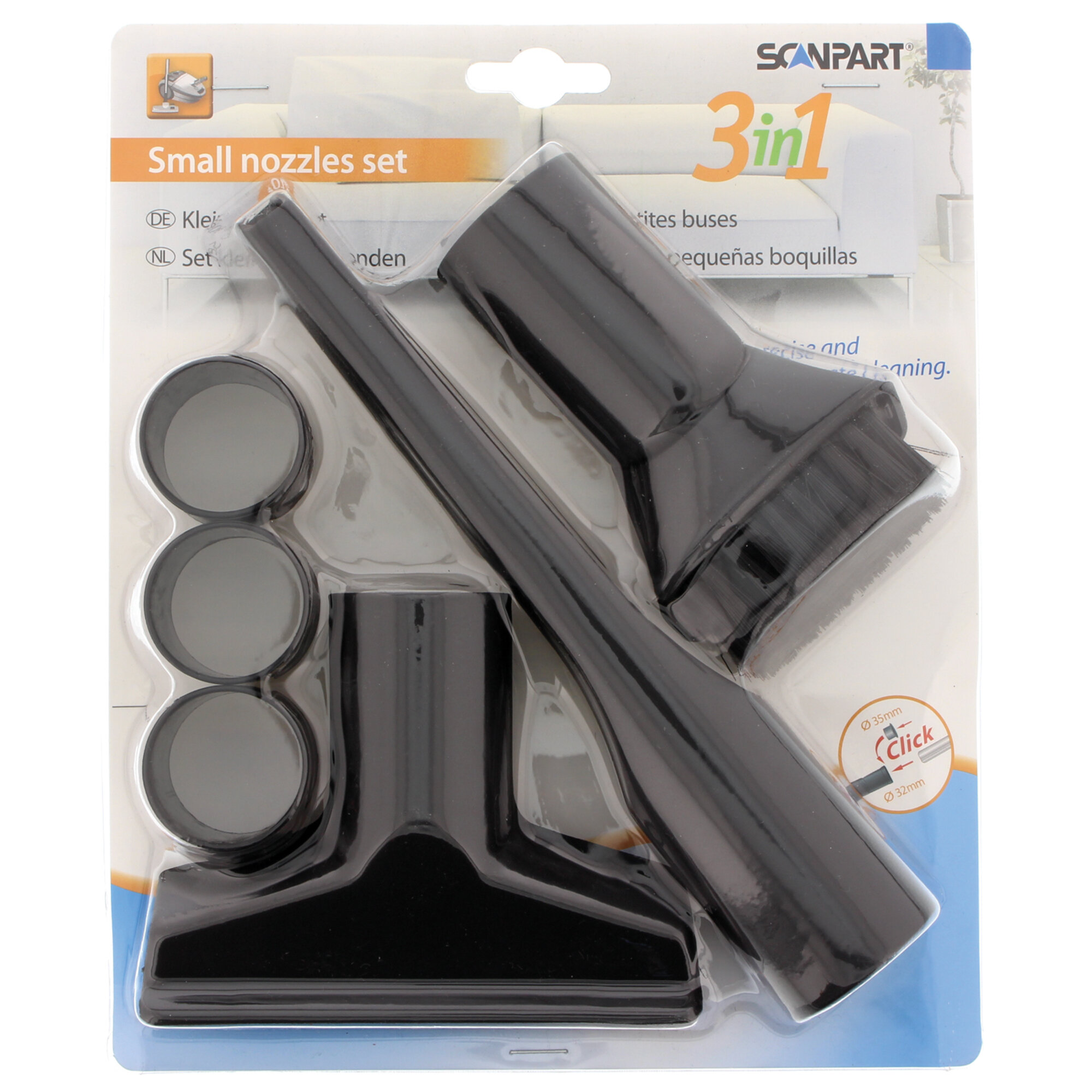 Zestaw małych dysz do odkurzacza, z 3 różnymi typami dysz.