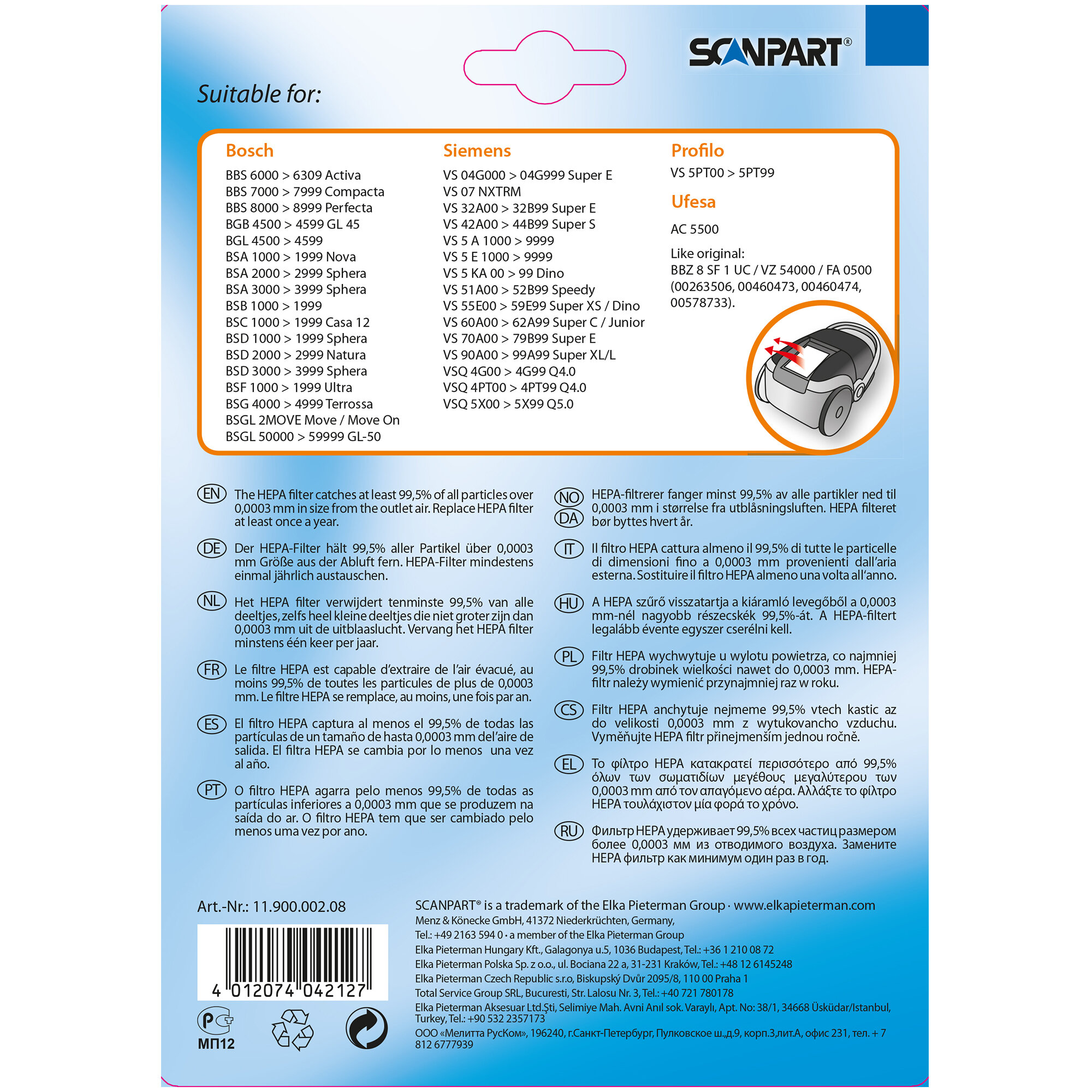 Filtr HEPA SCANPART Bosch/Siemens 1190000208