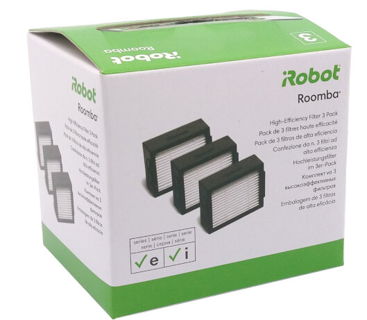 Pudełko filtra Roomba High-Efficiency Filter 3 Pack. Widoczne są trzy filtry.