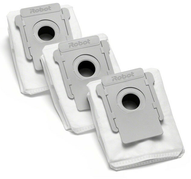 Trzy białe worki do odkurzacza z szarymi plastikowymi osłonami na białym tle.