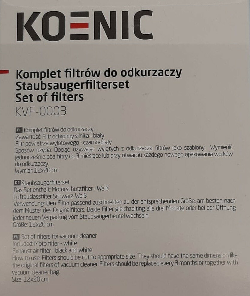 Informacje o produkcie zestawu filtrów do odkurzacza w języku polskim, niemieckim i angielskim.