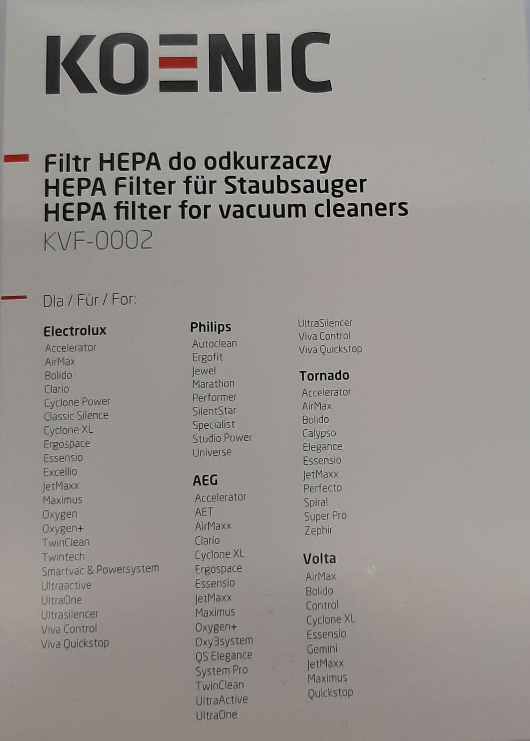 Lista marek i modeli odkurzaczy, ze szczegółami filtra HEPA.