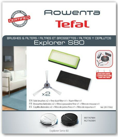 Pudełko z logo Rowenta i Tefal. Zawiera szczotki i filtry Explorer S80 oraz obraz robota odkurzającego.