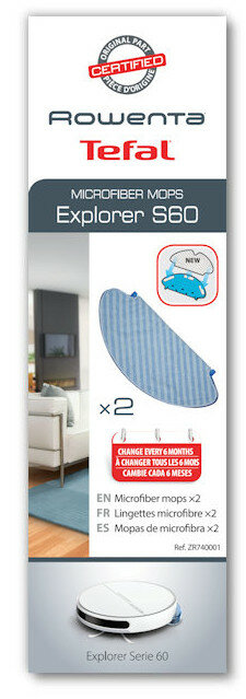 Opakowanie produktu z dwoma wkładami do mopa z mikrofibry do Explorera S60. Marka to Rowenta Tefal.