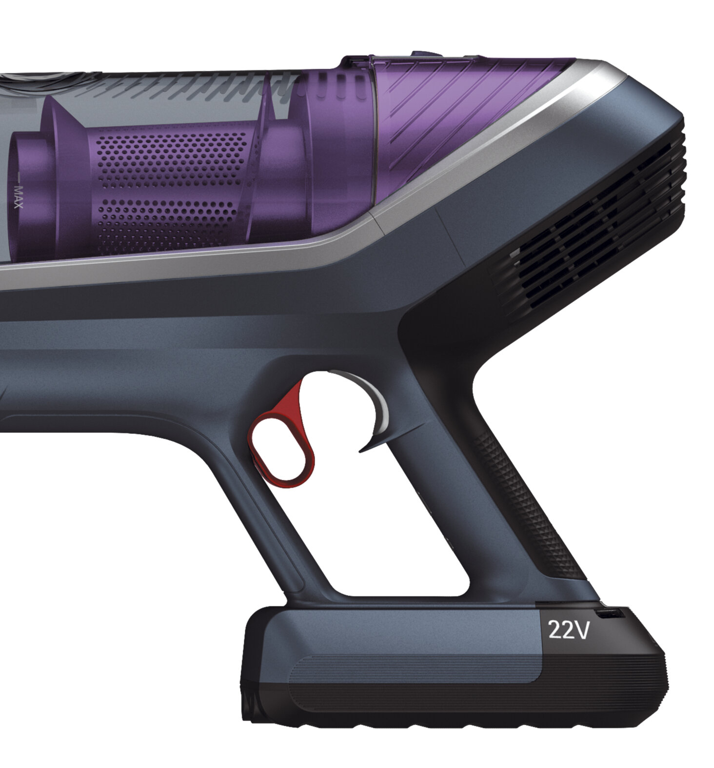 Uchwyt odkurzacza bezprzewodowego z fioletowym pojemnikiem i baterią 22V.