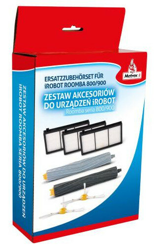 Pudełko z akcesoriami zamiennymi do odkurzacza Roomba, z filtrami i szczotkami w środku.