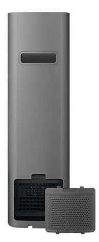 Szare urządzenie z prostokątnym otworem i wyjmowanym filtrem. Filtr to perforowany prostokąt.