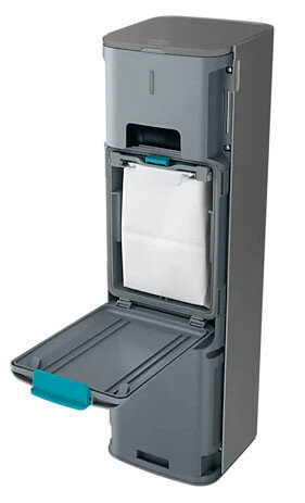 Szary i ciemnoszary kosz na śmieci z białym workiem w środku, otwarty, na białym tle.