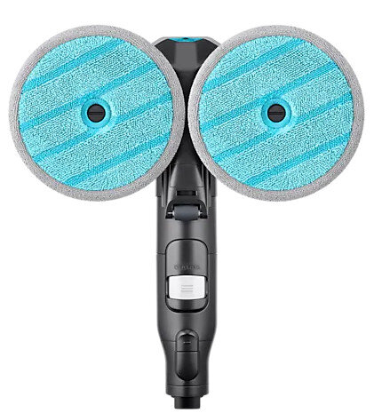 Narzędzie do czyszczenia podłóg z dwiema okrągłymi, niebiesko-szarymi nakładkami i uchwytem z przyciskiem.