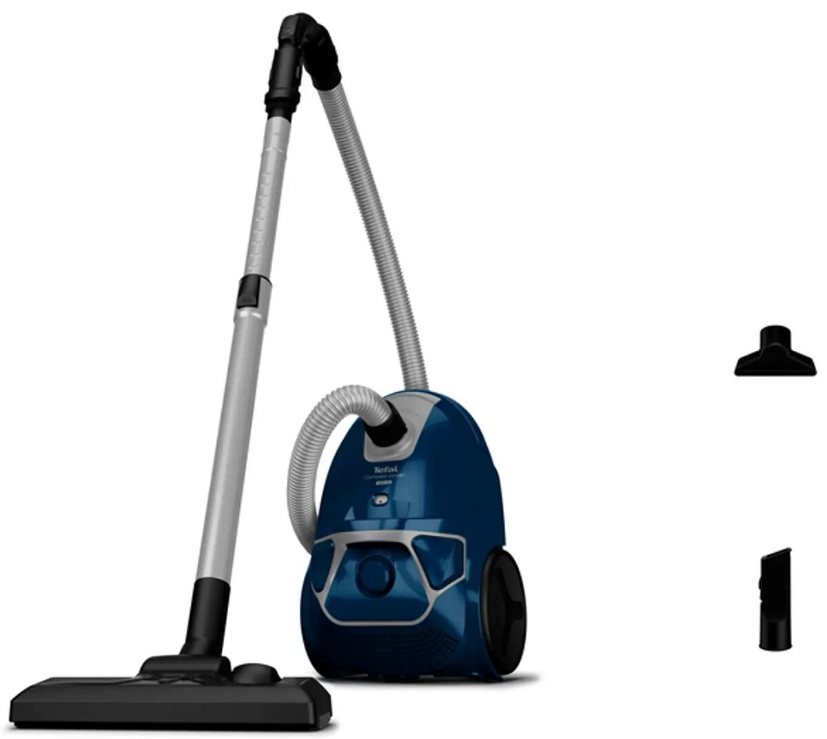 Niebieski odkurzacz z długą, srebrną rurą i nasadkami na białym tle.