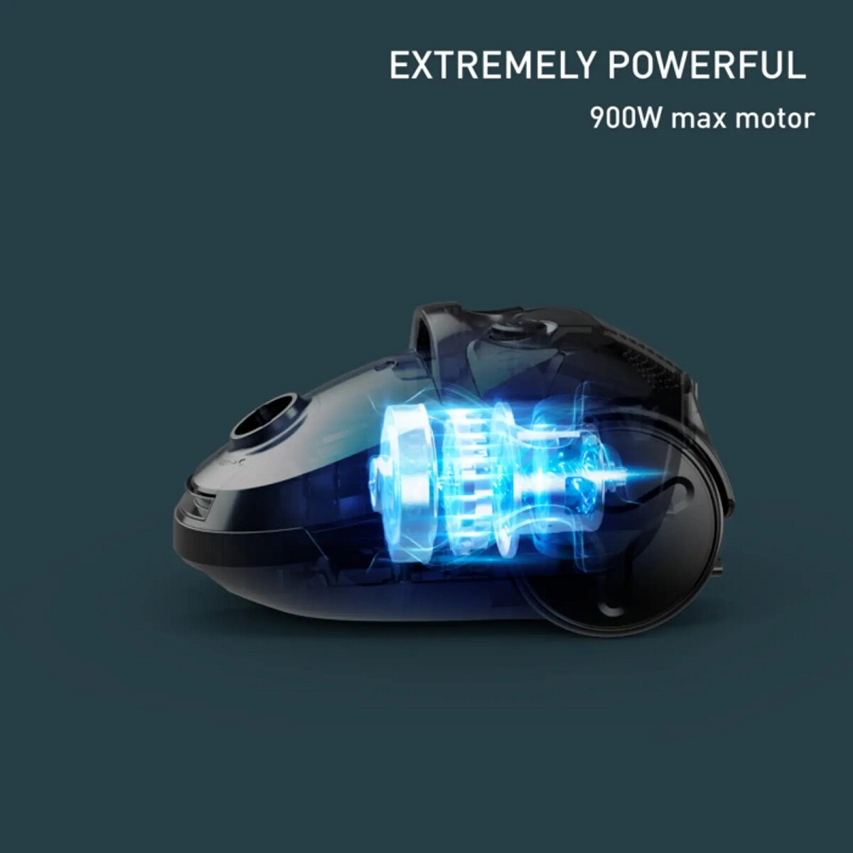 Odkurzacz z przezroczystą sekcją pokazującą mechanizmy wewnętrzne, turkusowe tło.