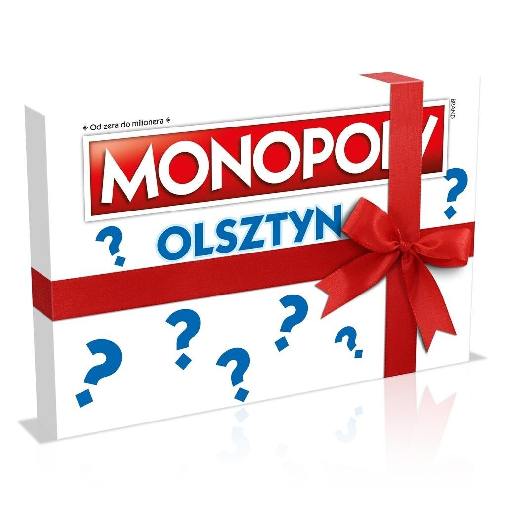 Pudełko gry planszowej Monopoly z czerwoną wstążką i znakami zapytania. Białe tło.