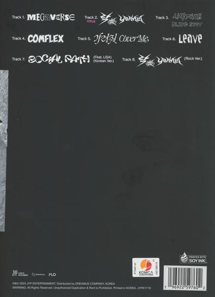 Album borítója a számlistával, beleértve a 'MEGAVERSE', 'Complex' és 'Social Path' című dalokat. A háttér fekete.