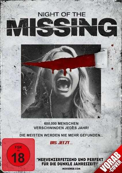 Filmposter: Frau schreit, mit rotem Strich über dem Gesicht. Text auf Deutsch.
