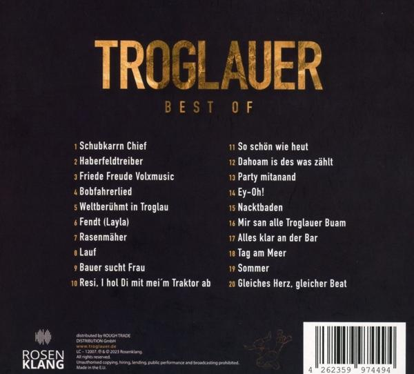 Albumcover. Goldener Text auf dunklem Hintergrund. Listet Songs auf, 'Best Of' von Troglauer.