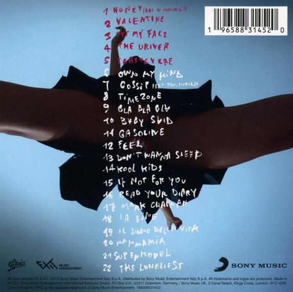 Albumcover mit Trackliste, Armen einer Person und blauem Hintergrund. Sony Music-Logo unten.