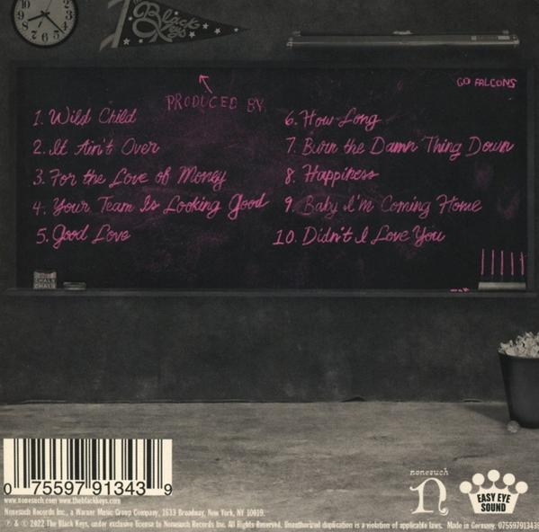 Rückseite eines Albumcovers mit Titelliste und Text auf einer Tafel.